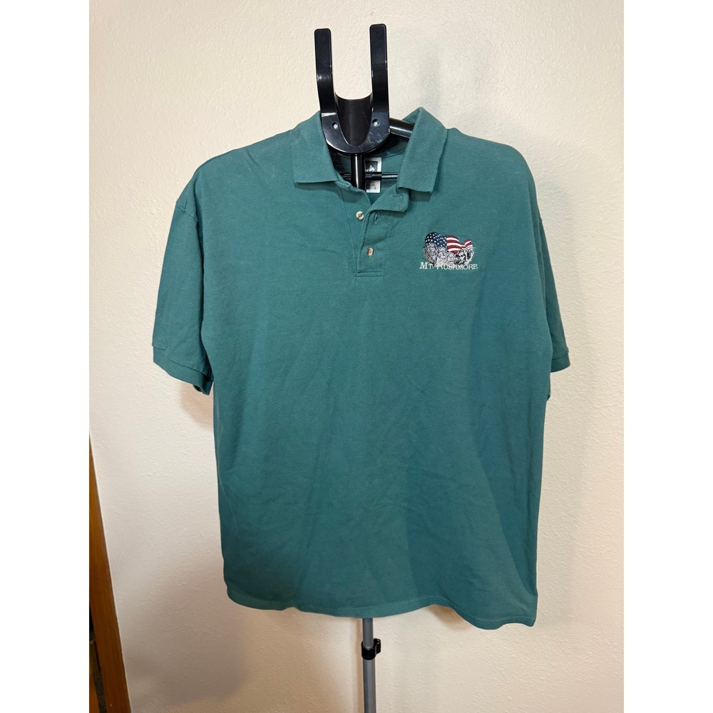 Cotton Deluxe Mt Rushmore Souvenir Polo Shirt Mens Large Teal Green USA Fabric